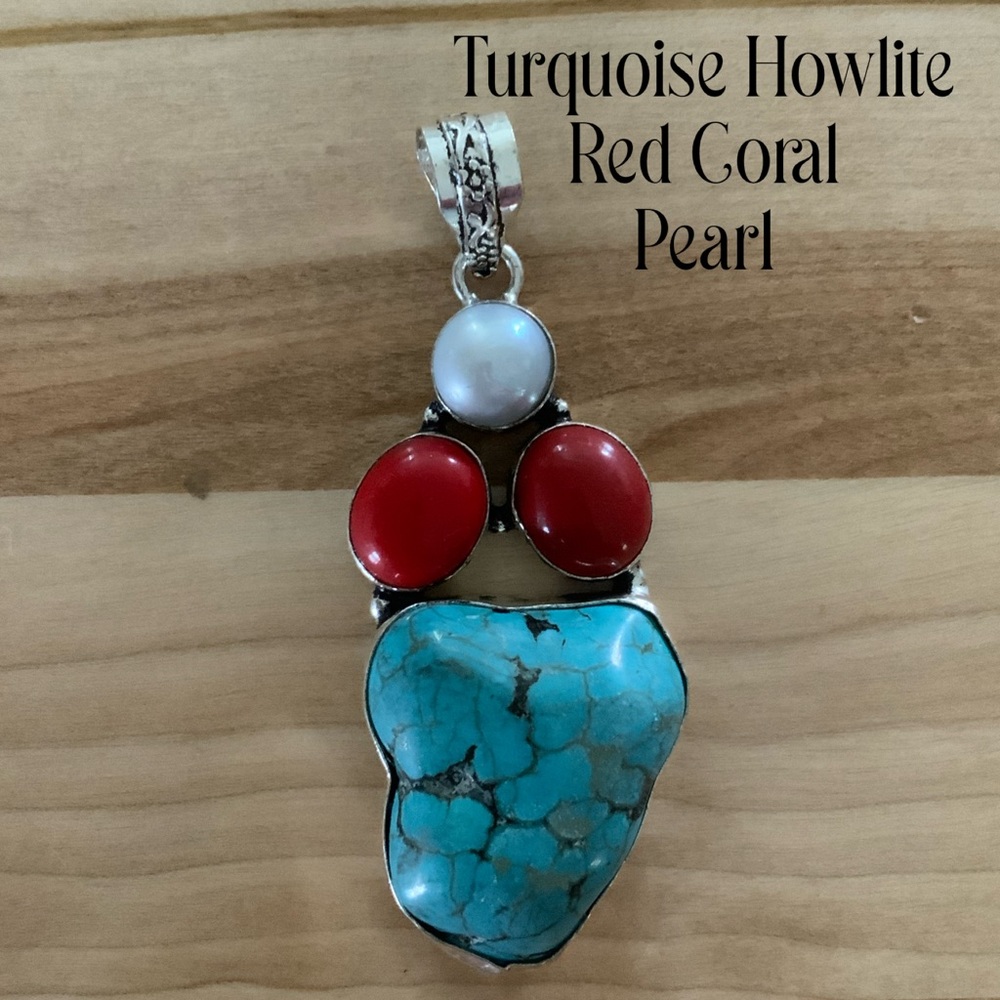 Red coral, Turquoise Howlite & Pearl Silver Pendant
